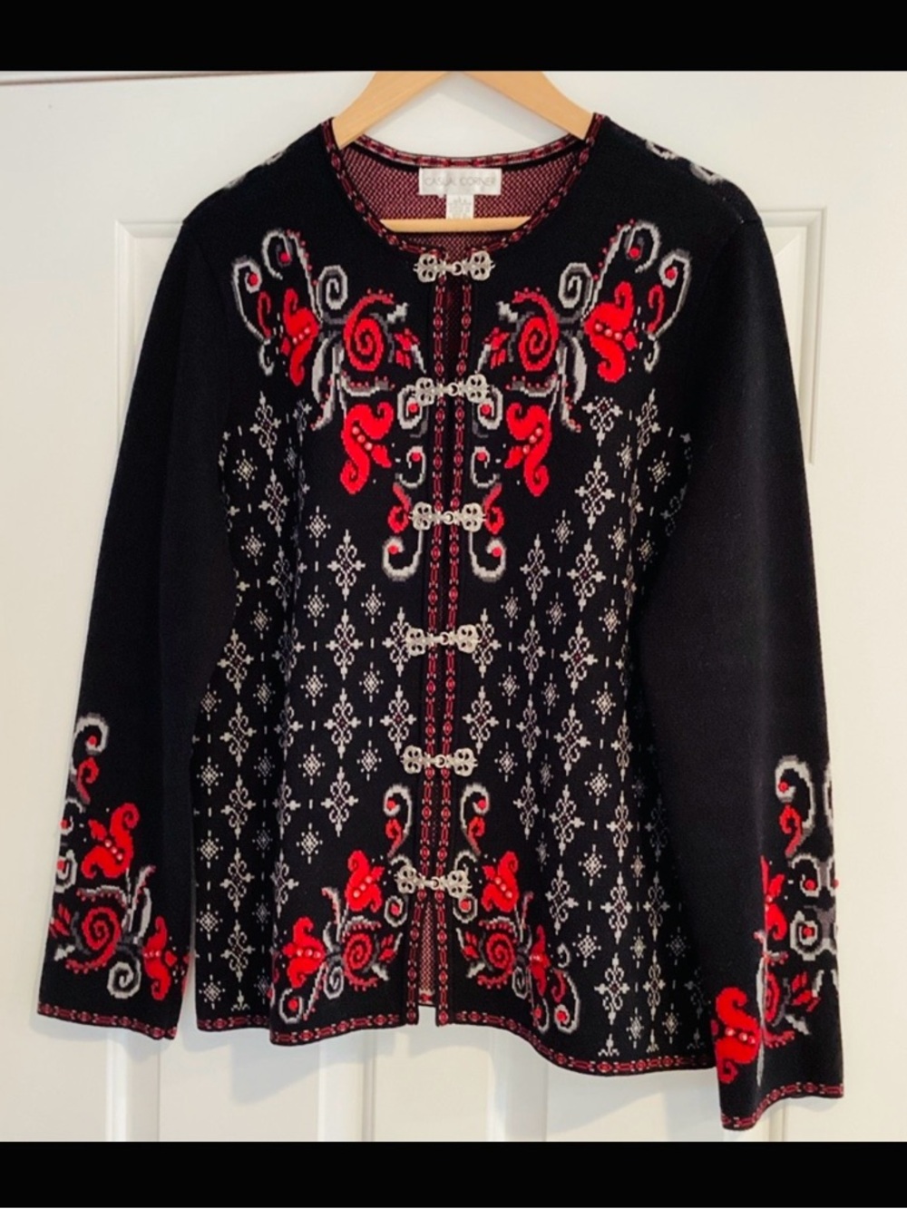 Nordic inspired cardigan, black & Red, with Scandinavian metallic clasps, large